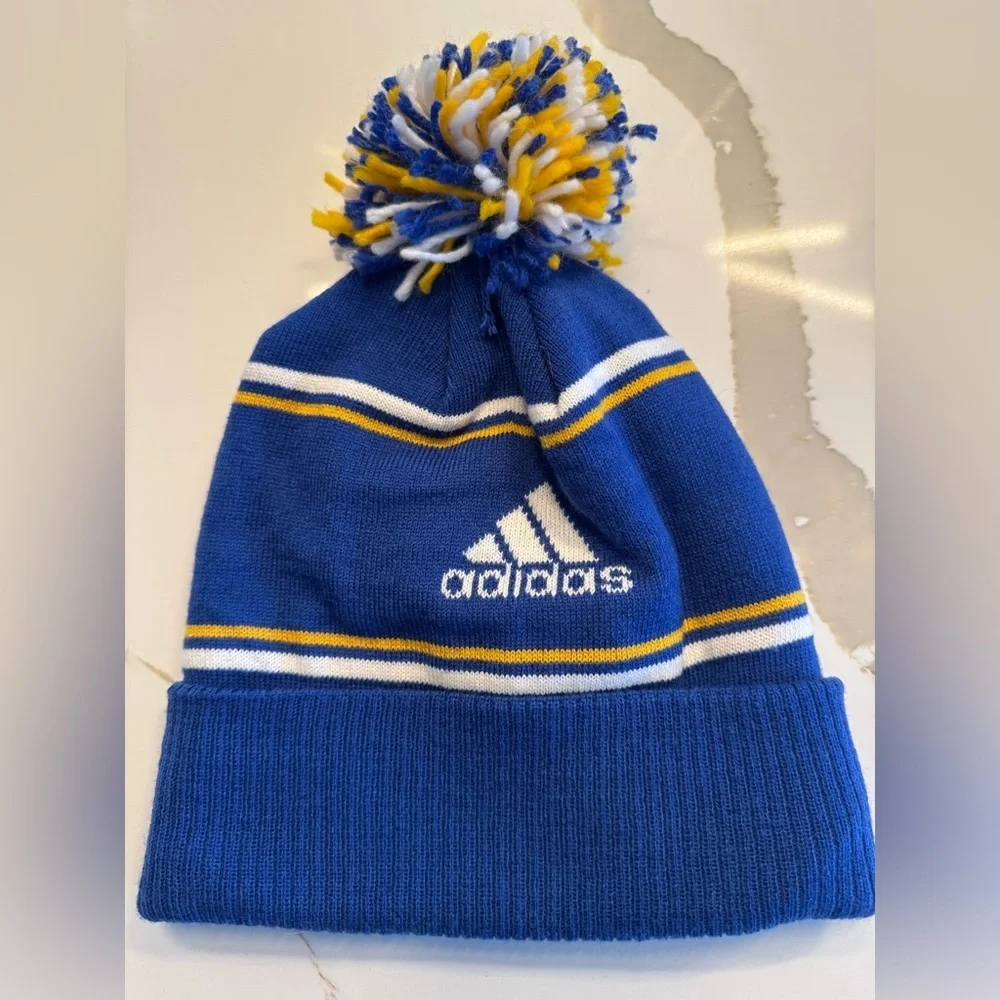 Adidas Golden State Warriors Beanie Pom Knit Hat NBA Blue Yellow OS